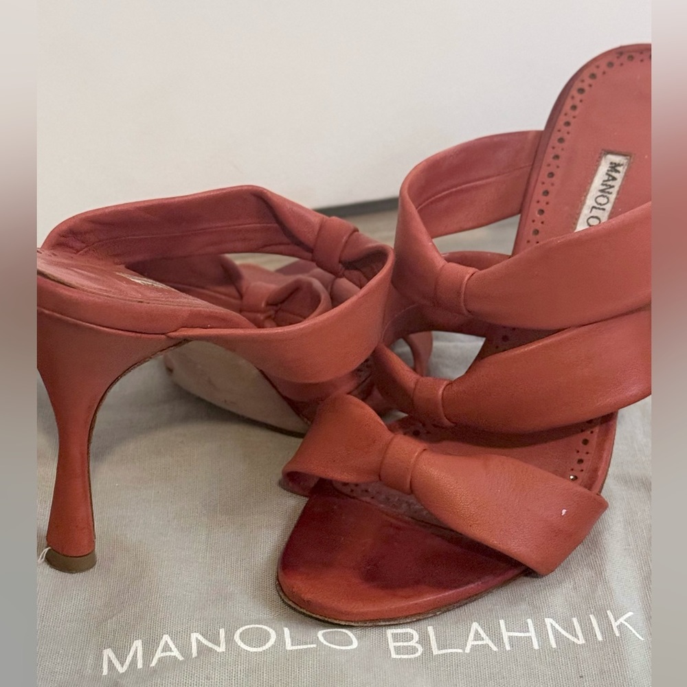 Manolo Blahnik slide on mule heel sandals - burnt orange / red 3 tie accent